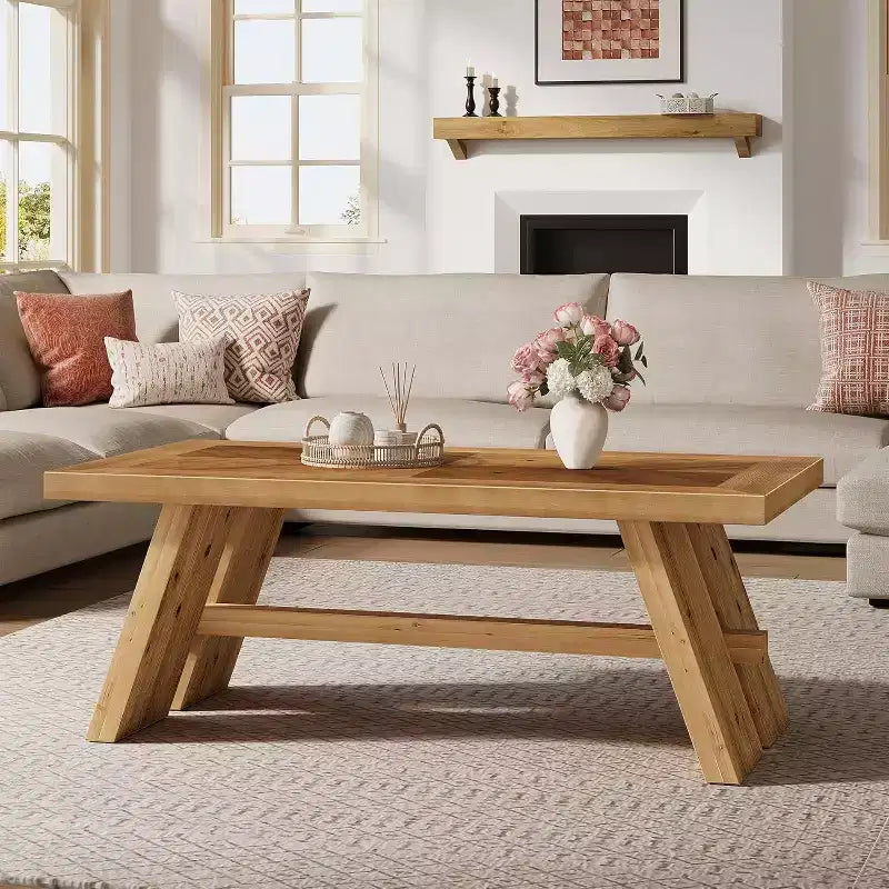 Tavolino da caffè Lantine in legno massello, 119 cm, rettangolare in stile rustico per soggiorno