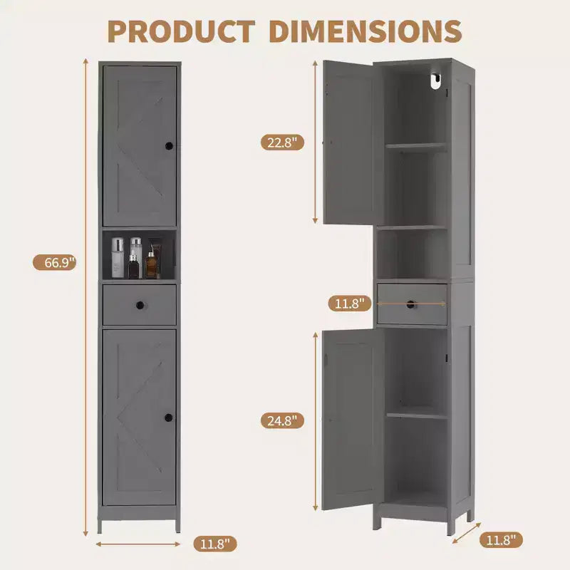 Armadietto sopra il WC, Mobiletto da Bagno Alto con Cassetto e Ripiano Aperto, Armadietto Stretto da 170 cm per Bagno, Ripiani Regolabili