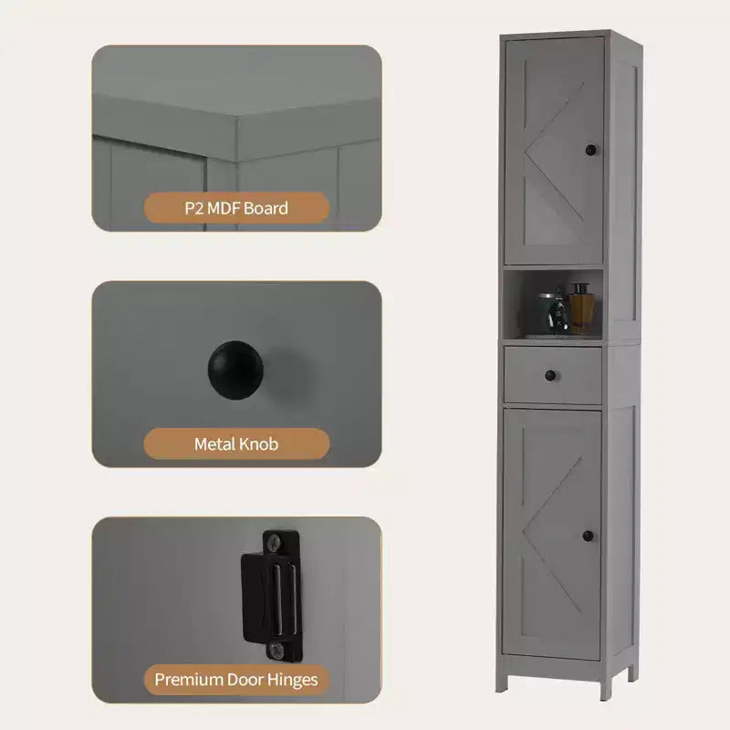 Armadietto sopra il WC, Mobiletto da Bagno Alto con Cassetto e Ripiano Aperto, Armadietto Stretto da 170 cm per Bagno, Ripiani Regolabili