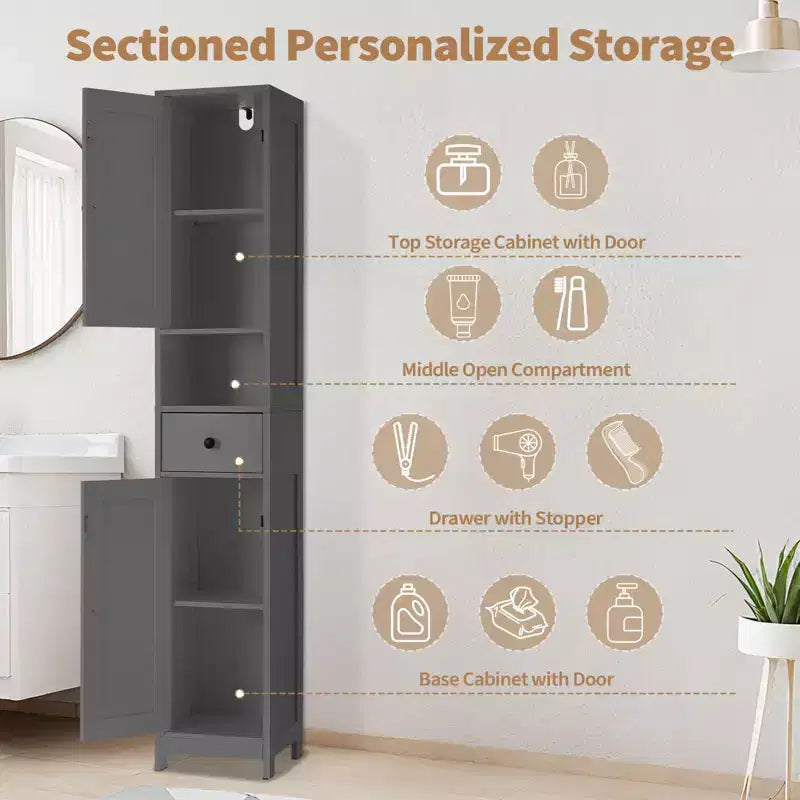 Armadietto sopra il WC, Mobiletto da Bagno Alto con Cassetto e Ripiano Aperto, Armadietto Stretto da 170 cm per Bagno, Ripiani Regolabili