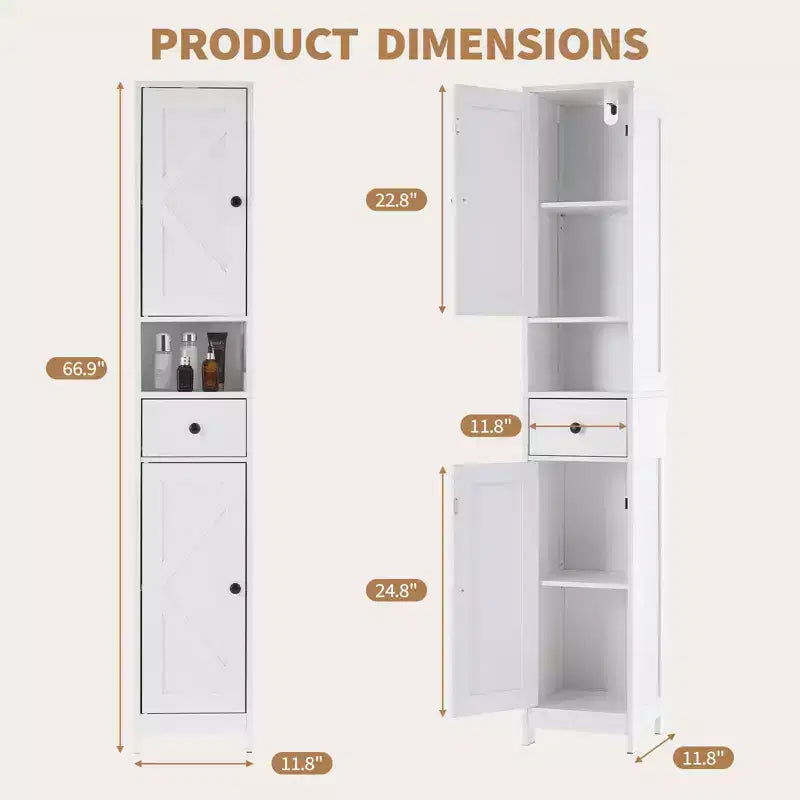 Armadietto sopra il WC, Mobiletto da Bagno Alto con Cassetto e Ripiano Aperto, Armadietto Stretto da 170 cm per Bagno, Ripiani Regolabili