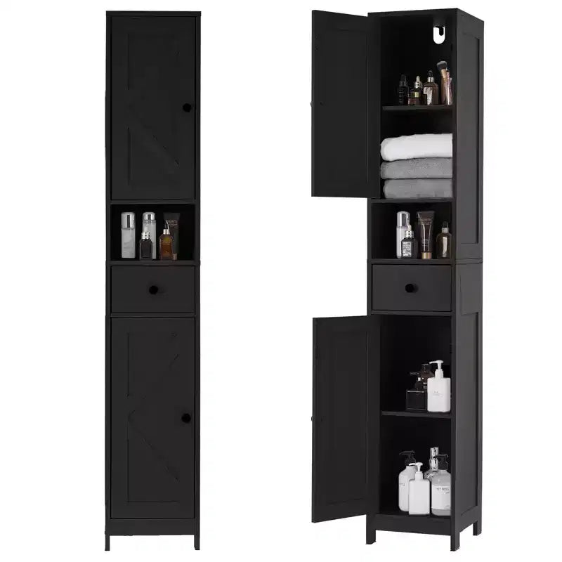 Armadietto sopra il WC, Mobiletto da Bagno Alto con Cassetto e Ripiano Aperto, Armadietto Stretto da 170 cm per Bagno, Ripiani Regolabili