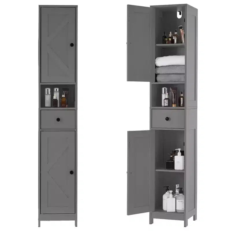 Armadietto sopra il WC, Mobiletto da Bagno Alto con Cassetto e Ripiano Aperto, Armadietto Stretto da 170 cm per Bagno, Ripiani Regolabili