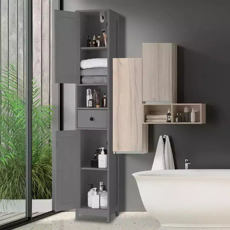 Armadietto sopra il WC, Mobiletto da Bagno Alto con Cassetto e Ripiano Aperto, Armadietto Stretto da 170 cm per Bagno, Ripiani Regolabili