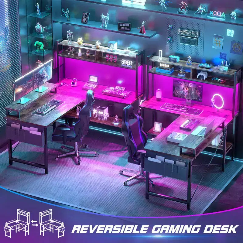 Scrivania angolare per computer con monitor e libreria, scrivania da gaming con stazione di ricarica