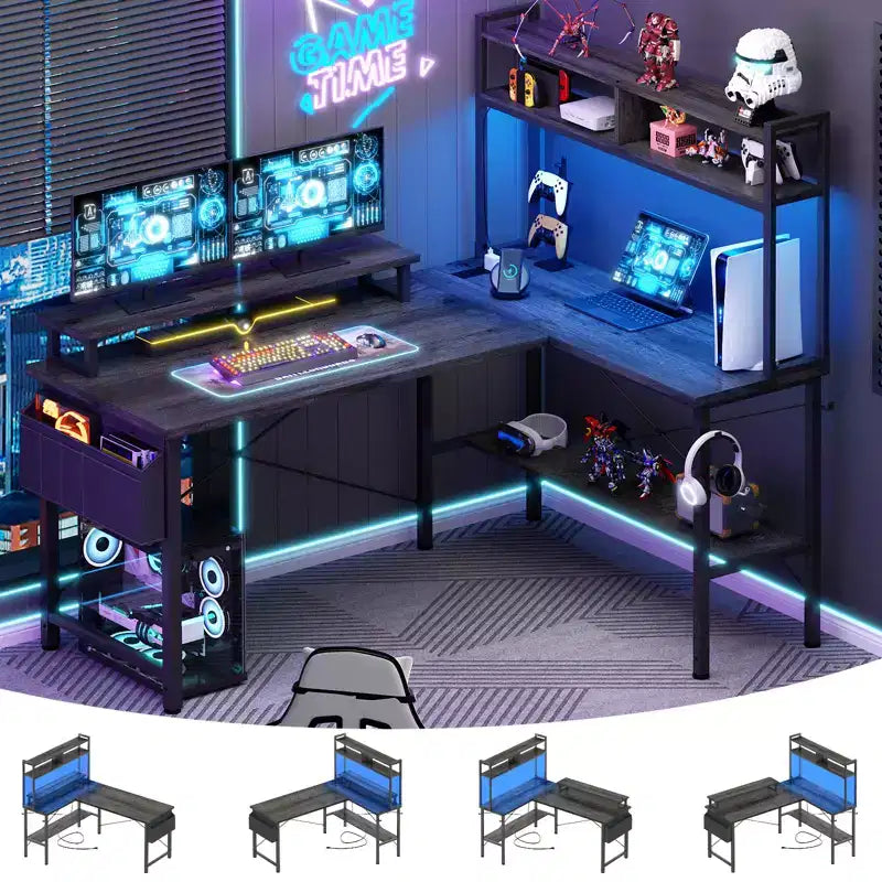 Scrivania angolare per computer con monitor e libreria, scrivania da gaming con stazione di ricarica
