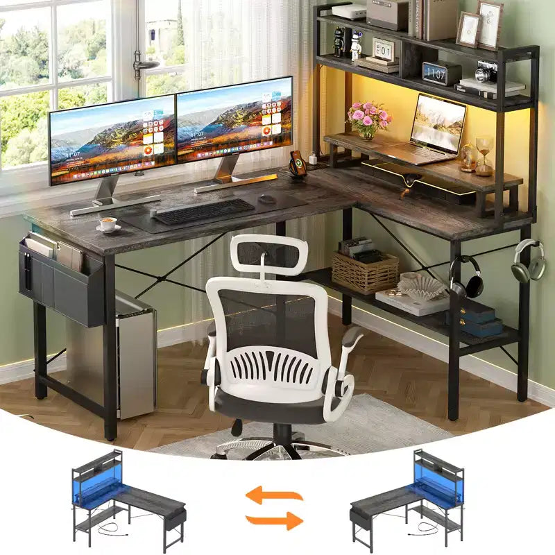 Scrivania angolare per computer con monitor e libreria, scrivania da gaming con stazione di ricarica