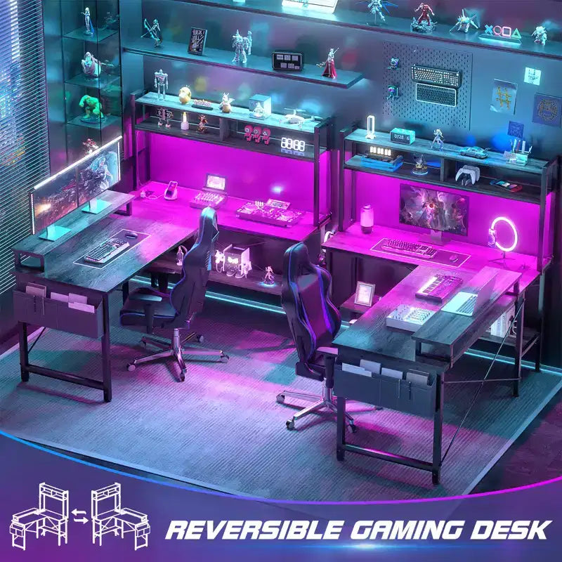 Scrivania angolare per computer con monitor e libreria, scrivania da gaming con stazione di ricarica