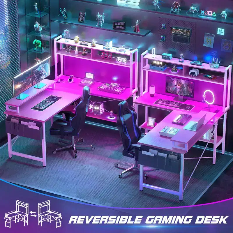Scrivania angolare per computer con monitor e libreria, scrivania da gaming con stazione di ricarica