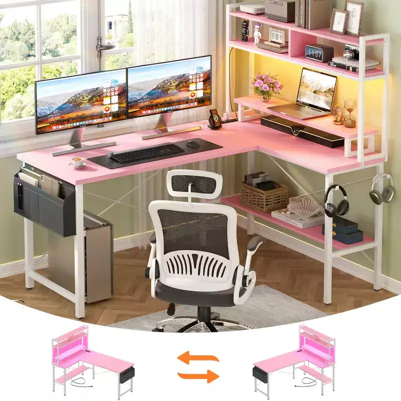 Scrivania angolare per computer con monitor e libreria, scrivania da gaming con stazione di ricarica