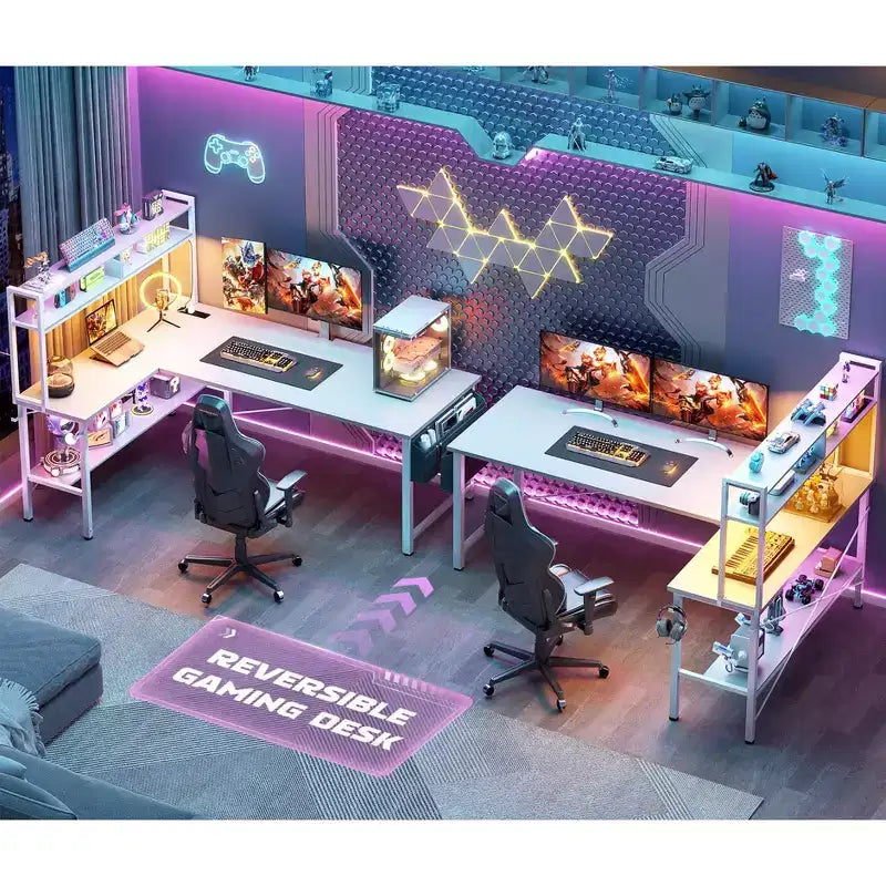 Scrivania angolare per computer con monitor e libreria, scrivania da gaming con stazione di ricarica