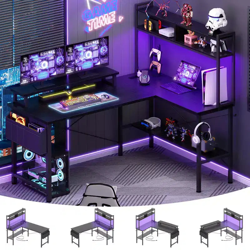 Scrivania angolare per computer con monitor e libreria, scrivania da gaming con stazione di ricarica