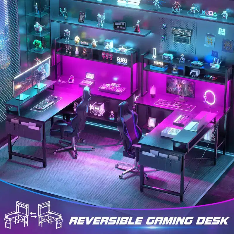Scrivania angolare per computer con monitor e libreria, scrivania da gaming con stazione di ricarica