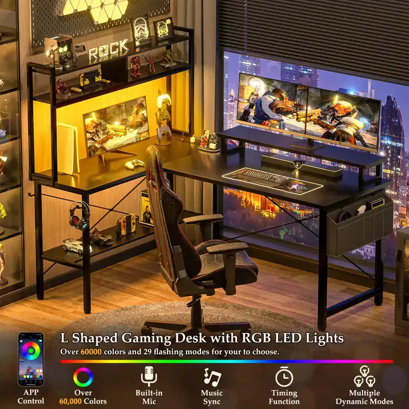 Scrivania angolare per computer con monitor e libreria, scrivania da gaming con stazione di ricarica