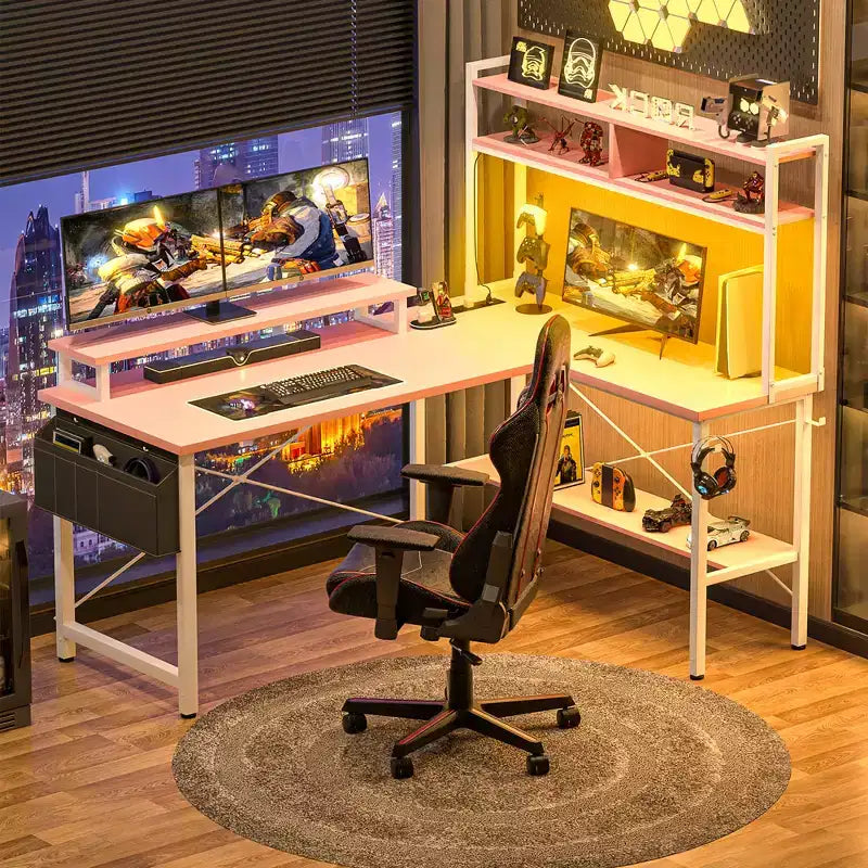 Scrivania angolare per computer con monitor e libreria, scrivania da gaming con stazione di ricarica