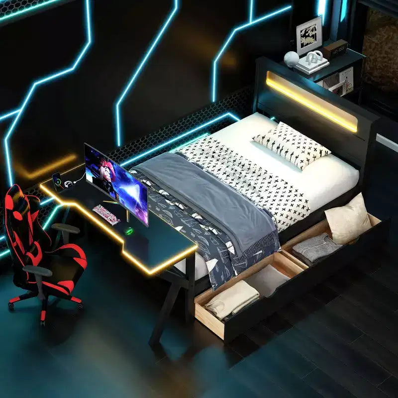 Letto a piattaforma in legno Mathews GDFStudio con testiera a LED, scrivania a LED, USB e due cassetti portaoggetti
