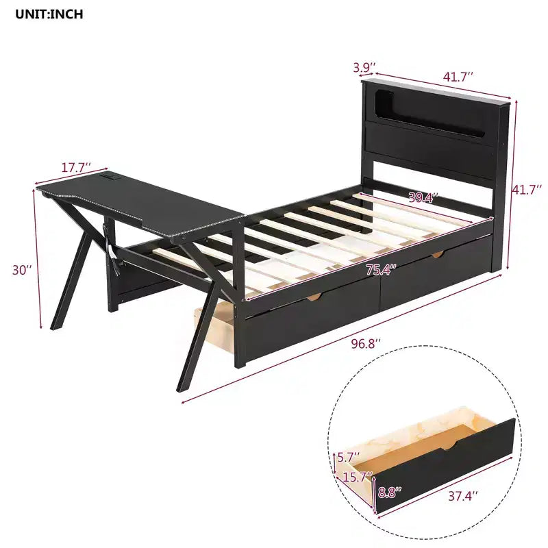 Letto a piattaforma in legno Mathews GDFStudio con testiera a LED, scrivania a LED, USB e due cassetti portaoggetti