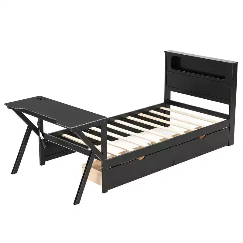 Letto a piattaforma in legno Mathews GDFStudio con testiera a LED, scrivania a LED, USB e due cassetti portaoggetti