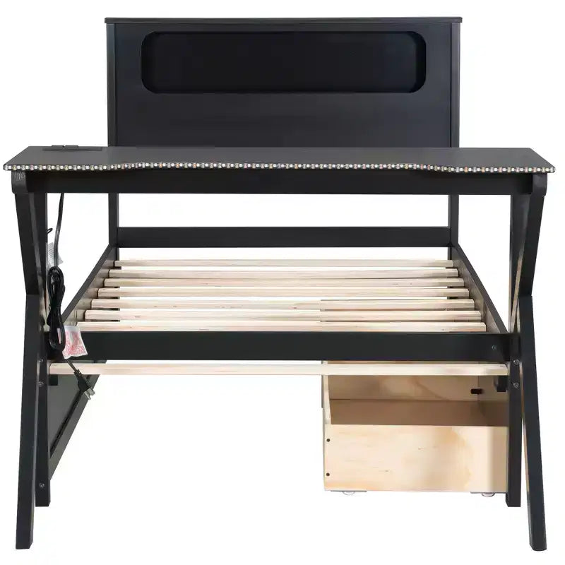 Letto a piattaforma in legno Mathews GDFStudio con testiera a LED, scrivania a LED, USB e due cassetti portaoggetti