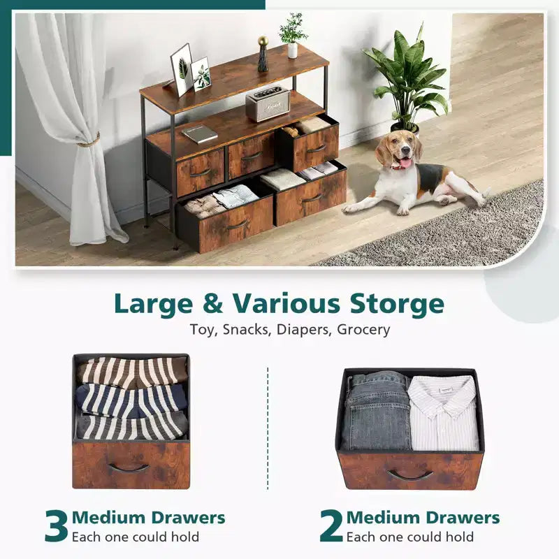 Comò a 5 cassetti TUYOHW con piano in legno e ripiano aperto, torre portaoggetti in tessuto con telaio in metallo, cassettiera per supporto TV, camera da letto, ingresso, vestiti