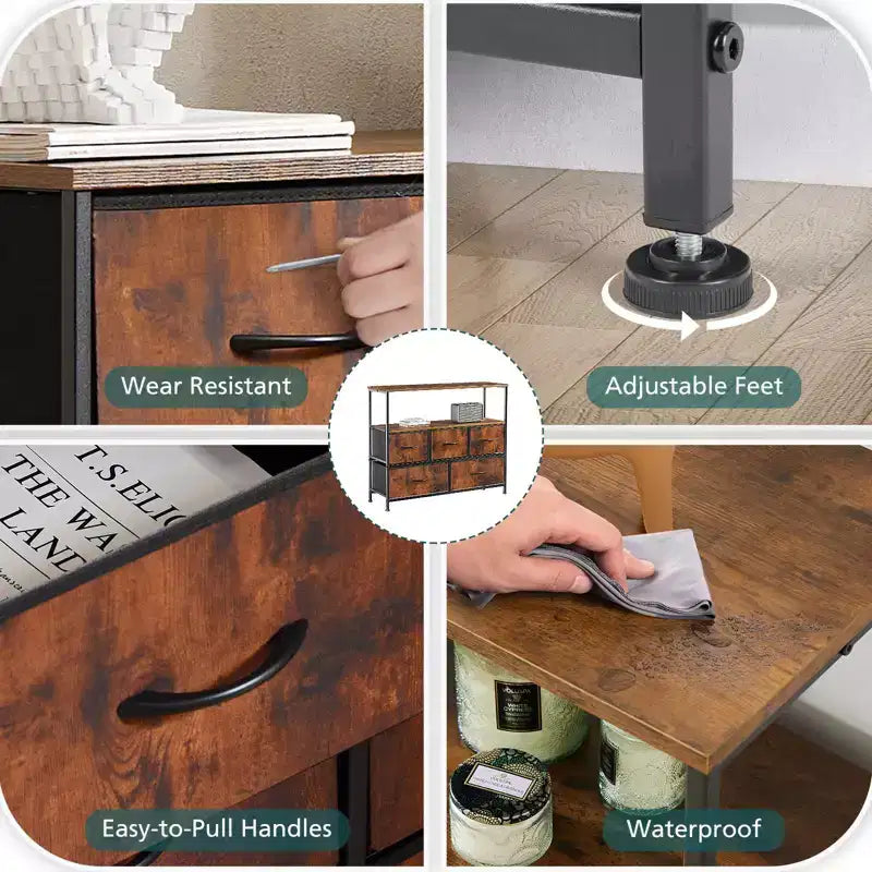 Comò a 5 cassetti TUYOHW con piano in legno e ripiano aperto, torre portaoggetti in tessuto con telaio in metallo, cassettiera per supporto TV, camera da letto, ingresso, vestiti