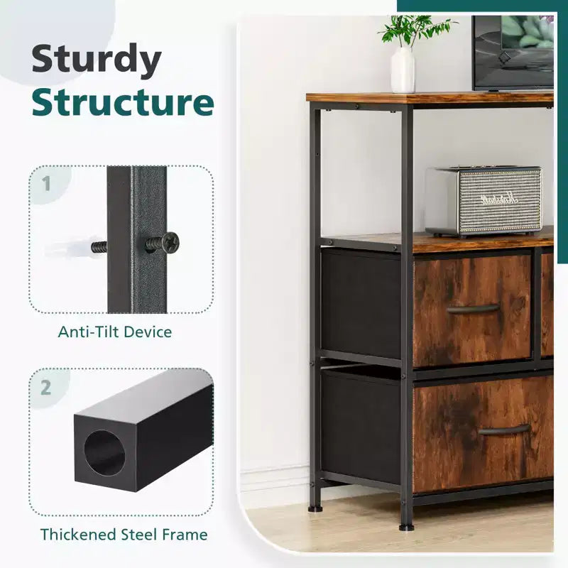Comò a 5 cassetti TUYOHW con piano in legno e ripiano aperto, torre portaoggetti in tessuto con telaio in metallo, cassettiera per supporto TV, camera da letto, ingresso, vestiti