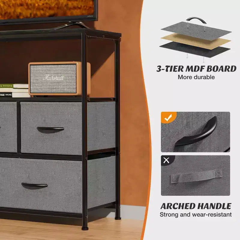 Comò a 5 cassetti TUYOHW con piano in legno e ripiano aperto, torre portaoggetti in tessuto con telaio in metallo, cassettiera per supporto TV, camera da letto, ingresso, vestiti