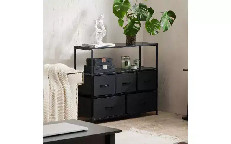 Comò a 5 cassetti TUYOHW con piano in legno e ripiano aperto, torre portaoggetti in tessuto con telaio in metallo, cassettiera per supporto TV, camera da letto, ingresso, vestiti