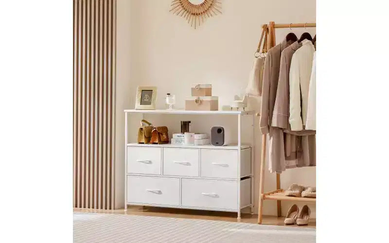 Comò a 5 cassetti TUYOHW con piano in legno e ripiano aperto, torre portaoggetti in tessuto con telaio in metallo, cassettiera per supporto TV, camera da letto, ingresso, vestiti