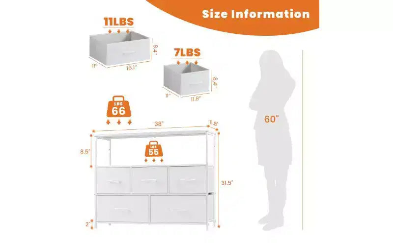 Comò a 5 cassetti TUYOHW con piano in legno e ripiano aperto, torre portaoggetti in tessuto con telaio in metallo, cassettiera per supporto TV, camera da letto, ingresso, vestiti
