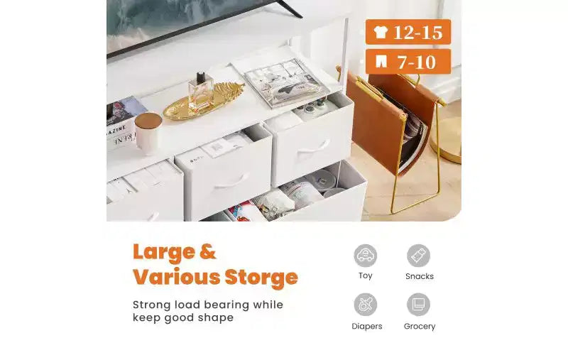 Comò a 5 cassetti TUYOHW con piano in legno e ripiano aperto, torre portaoggetti in tessuto con telaio in metallo, cassettiera per supporto TV, camera da letto, ingresso, vestiti
