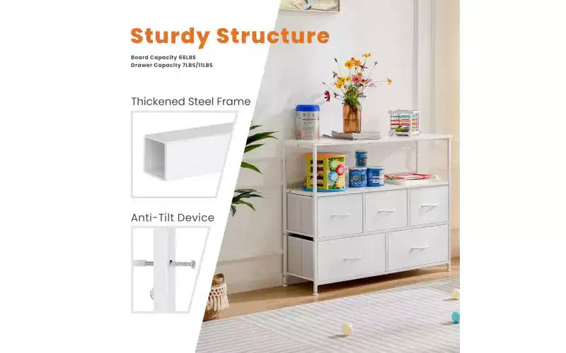 Comò a 5 cassetti TUYOHW con piano in legno e ripiano aperto, torre portaoggetti in tessuto con telaio in metallo, cassettiera per supporto TV, camera da letto, ingresso, vestiti