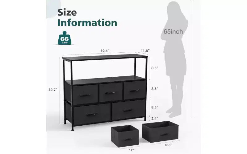 Comò a 5 cassetti TUYOHW con piano in legno e ripiano aperto, torre portaoggetti in tessuto con telaio in metallo, cassettiera per supporto TV, camera da letto, ingresso, vestiti