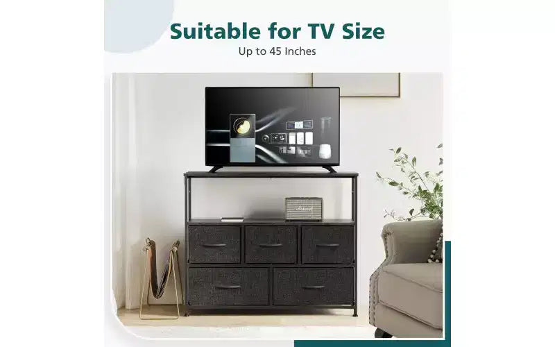 Comò a 5 cassetti TUYOHW con piano in legno e ripiano aperto, torre portaoggetti in tessuto con telaio in metallo, cassettiera per supporto TV, camera da letto, ingresso, vestiti