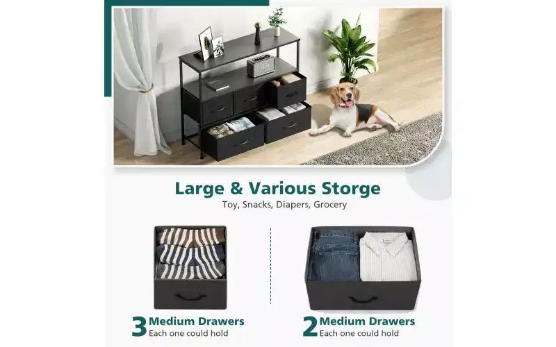 Comò a 5 cassetti TUYOHW con piano in legno e ripiano aperto, torre portaoggetti in tessuto con telaio in metallo, cassettiera per supporto TV, camera da letto, ingresso, vestiti