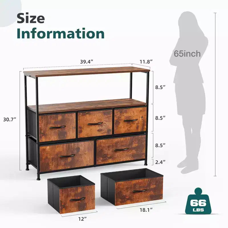 Comò a 5 cassetti TUYOHW con piano in legno e ripiano aperto, torre portaoggetti in tessuto con telaio in metallo, cassettiera per supporto TV, camera da letto, ingresso, vestiti