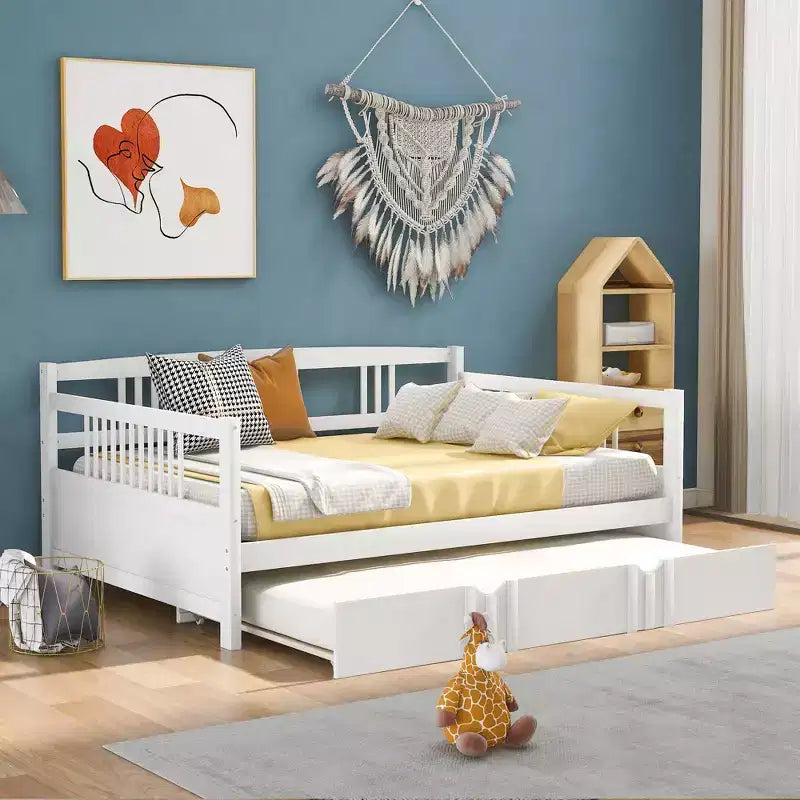 Okak Twin/Full Struttura Letto a Piattaforma Moderna con Recinzione Laterale e Cassetti/Letto Estraibile, Divano Letto in Legno per Camera da Letto, Studio