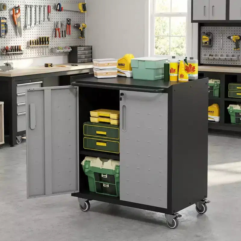 Armadietto da garage in acciaio resistente VIYET 34H con ruote e serratura - Ripiani regolabili, design a piastre diamantate nero+grigio (Garage/Casa/Ufficio/Officina)
