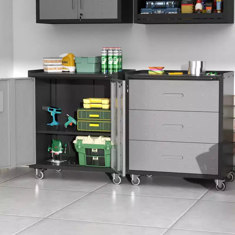 Armadietto da garage in acciaio resistente VIYET 34H con ruote e serratura - Ripiani regolabili, design a piastre diamantate nero+grigio (Garage/Casa/Ufficio/Officina)