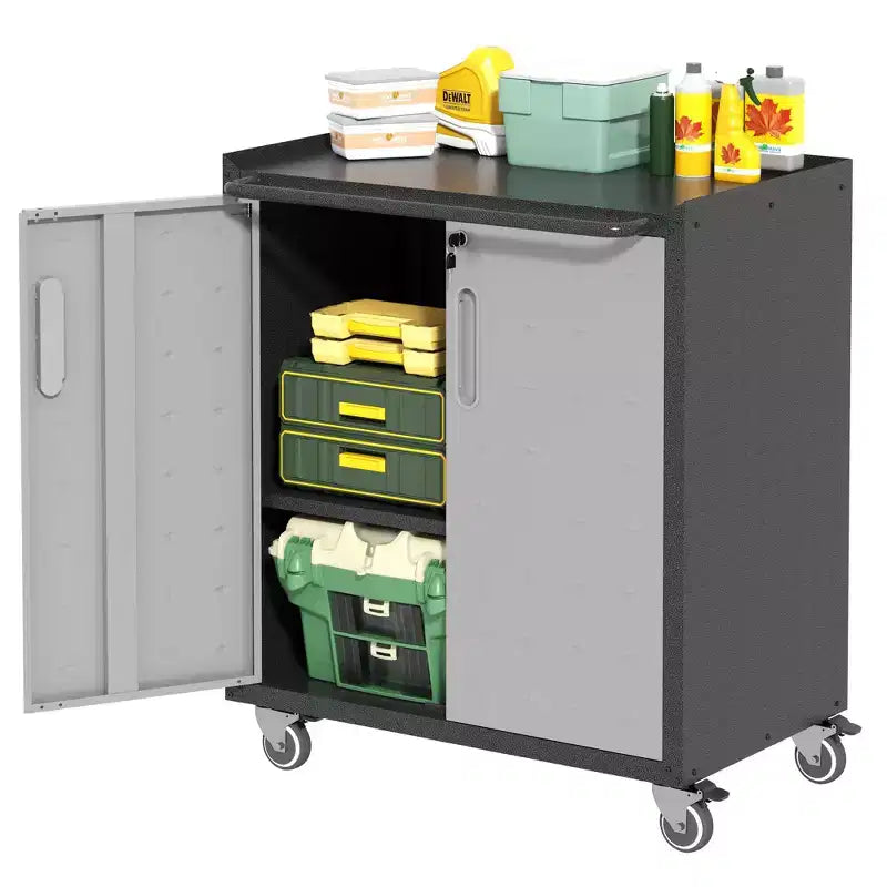 Armadietto da garage in acciaio resistente VIYET 34H con ruote e serratura - Ripiani regolabili, design a piastre diamantate nero+grigio (Garage/Casa/Ufficio/Officina)