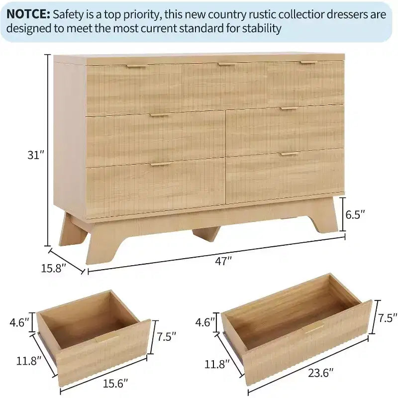 Comò a 7 cassetti per camera da letto, comò moderno di metà secolo largo 120 cm con maniglia color oro, cassettiera scanalata per soggiorno, rovere