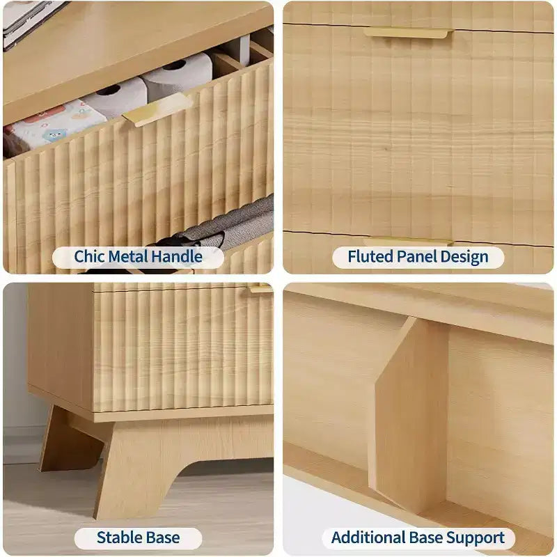 Comò a 7 cassetti per camera da letto, comò moderno di metà secolo largo 120 cm con maniglia color oro, cassettiera scanalata per soggiorno, rovere