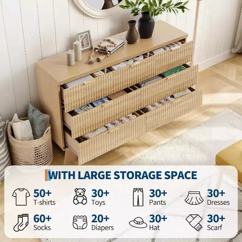 Comò a 7 cassetti per camera da letto, comò moderno di metà secolo largo 120 cm con maniglia color oro, cassettiera scanalata per soggiorno, rovere