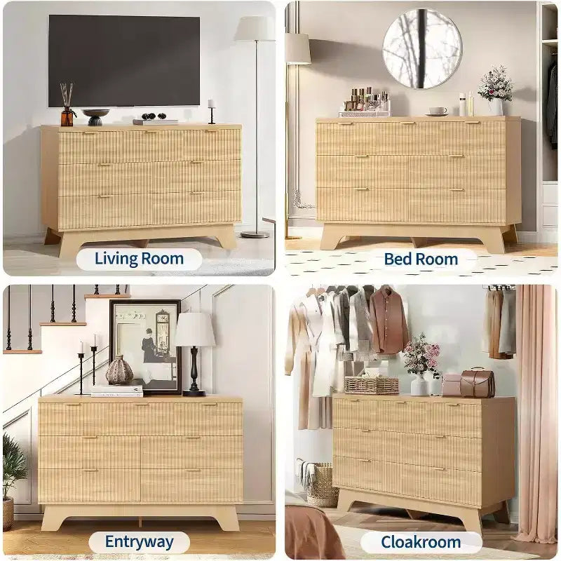 Comò a 7 cassetti per camera da letto, comò moderno di metà secolo largo 120 cm con maniglia color oro, cassettiera scanalata per soggiorno, rovere