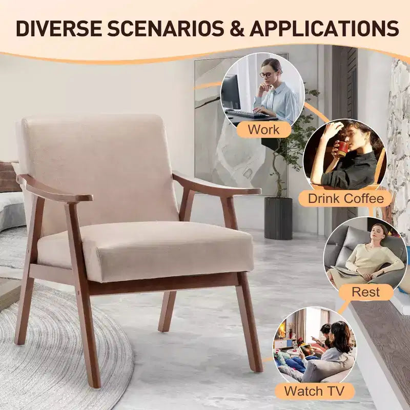 Sedia singola Furniliving in stile moderno di metà secolo con struttura in legno massello, poltrona a pozzetto per camera da letto, sala lettura, soggiorno