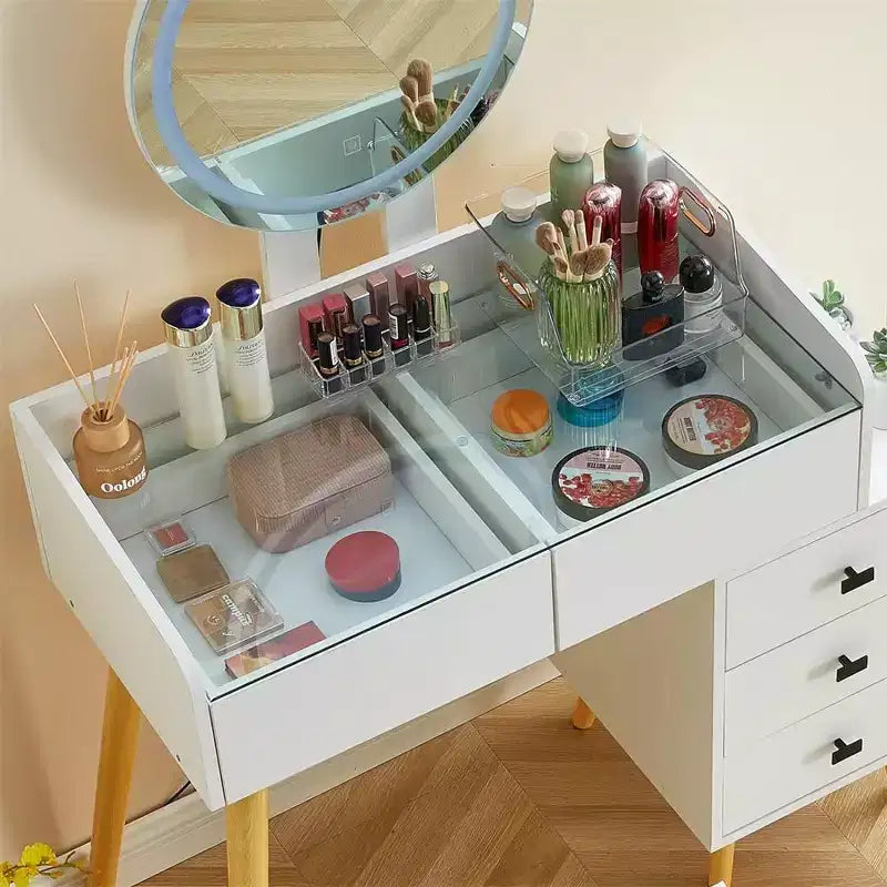 Toeletta con Specchio e Luci, Tavolo da Trucco con Piano in Vetro e 5 Cassetti, 1 Sgabello per Camerino, Soggiorno, Ufficio, Bianco