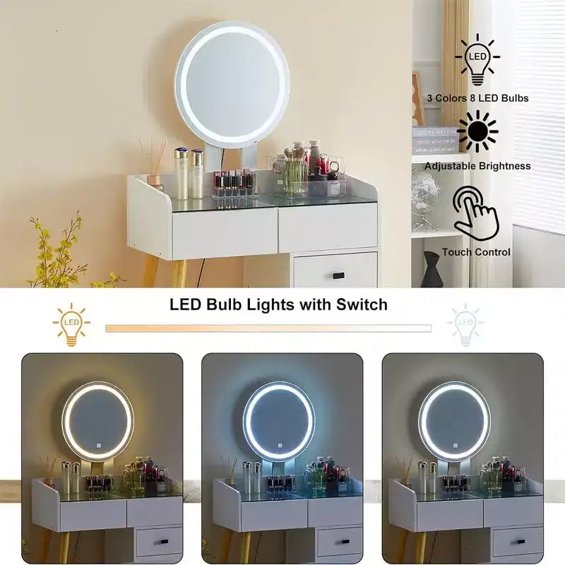 Toeletta con Specchio e Luci, Tavolo da Trucco con Piano in Vetro e 5 Cassetti, 1 Sgabello per Camerino, Soggiorno, Ufficio, Bianco