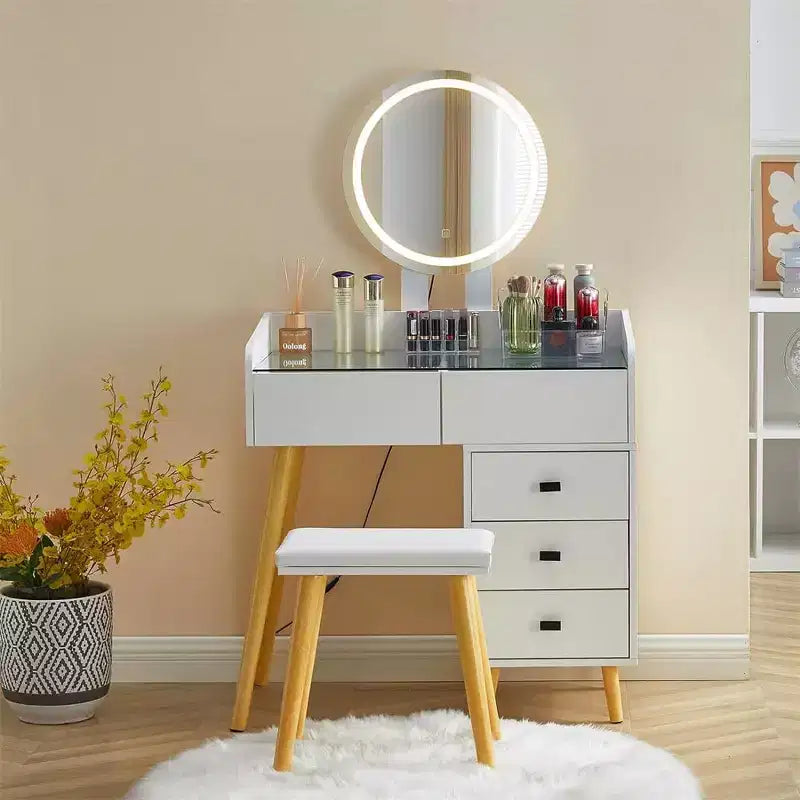 Toeletta con Specchio e Luci, Tavolo da Trucco con Piano in Vetro e 5 Cassetti, 1 Sgabello per Camerino, Soggiorno, Ufficio, Bianco