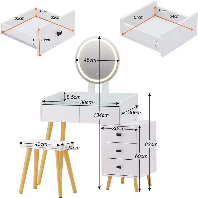 Toeletta con Specchio e Luci, Tavolo da Trucco con Piano in Vetro e 5 Cassetti, 1 Sgabello per Camerino, Soggiorno, Ufficio, Bianco