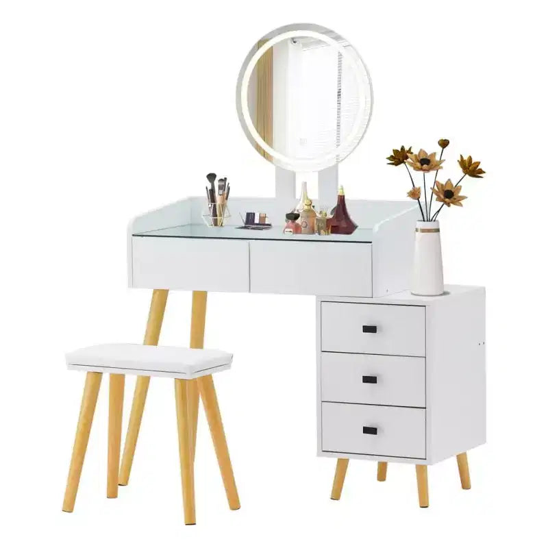 Toeletta con Specchio e Luci, Tavolo da Trucco con Piano in Vetro e 5 Cassetti, 1 Sgabello per Camerino, Soggiorno, Ufficio, Bianco